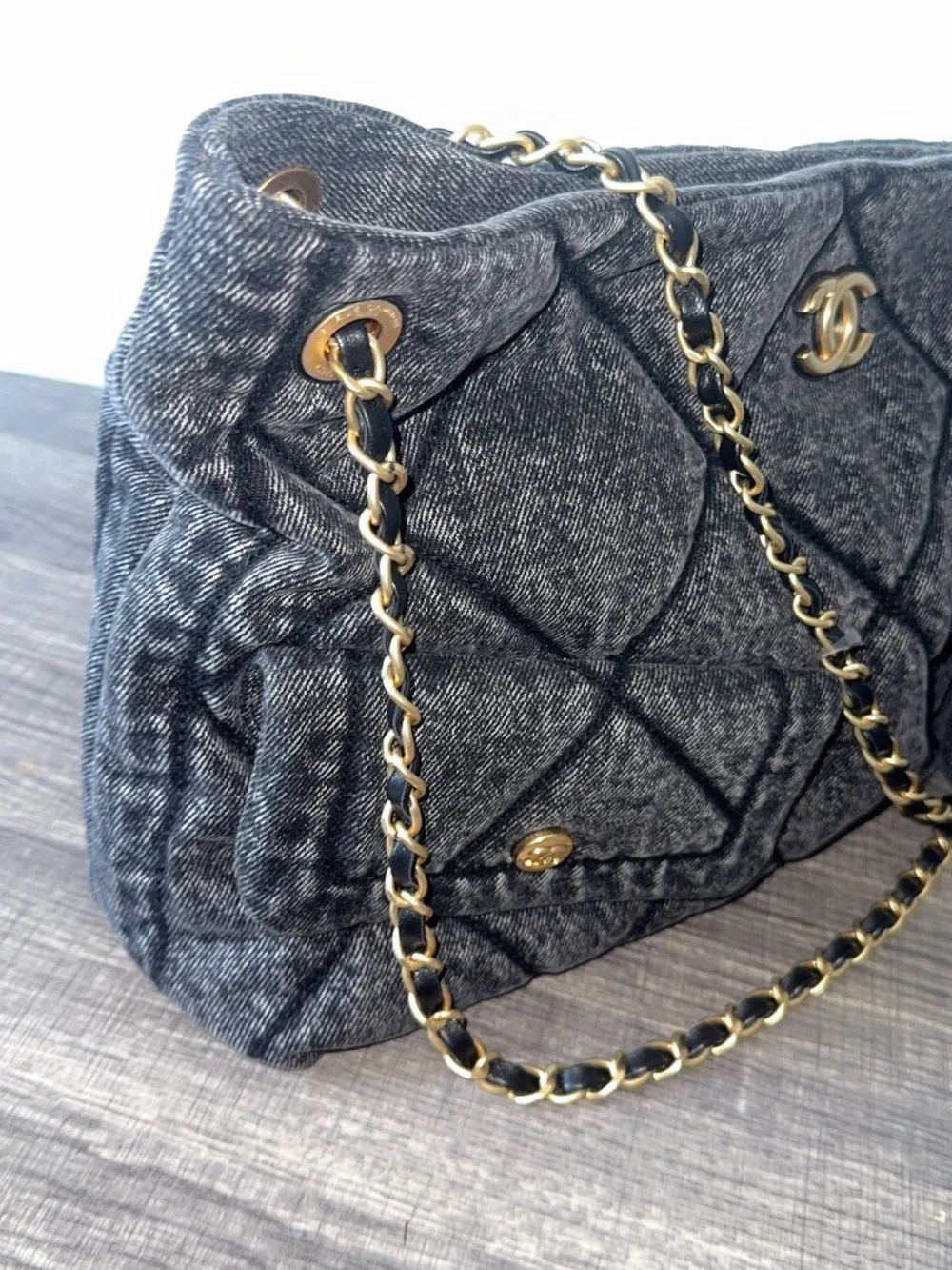 CHANEL Quilted Gray Shoulder Tote with Gold Chain Trim